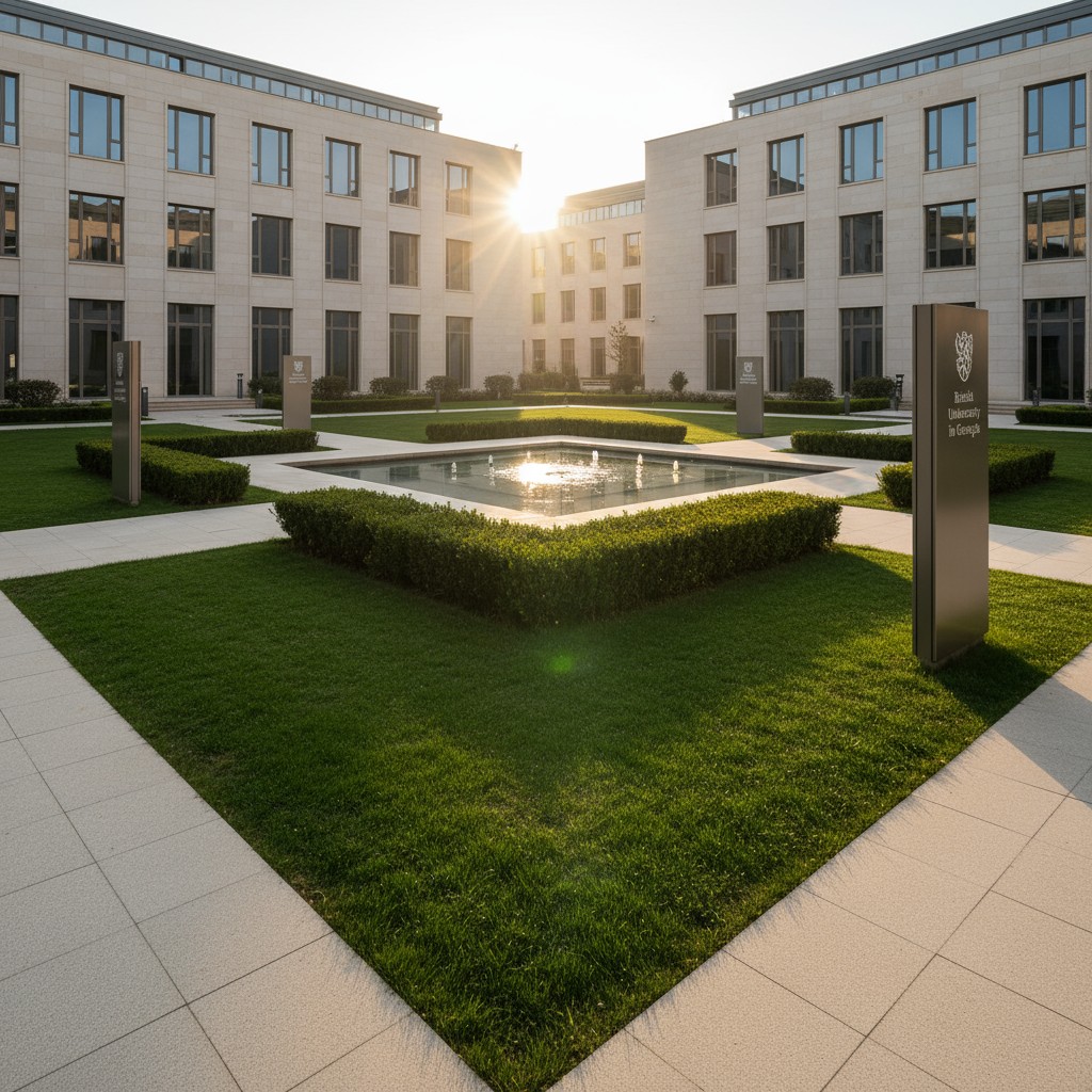 A large, modern building with a fountain and grassy courtyard on a sunny day, likely a university campus.