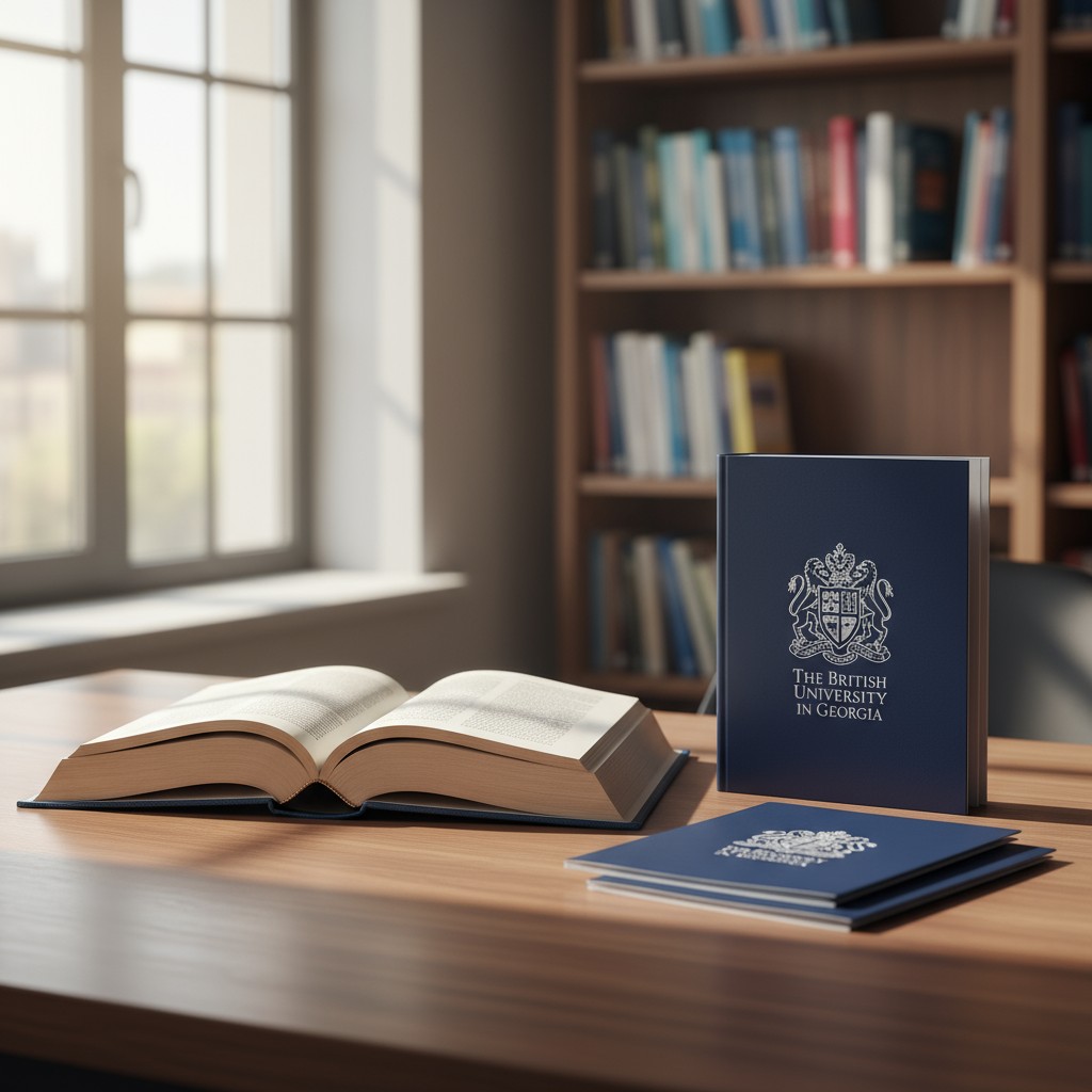 A library scene with a wooden desk holding an open book, a closed blue book with the British University logo, and a blue b...