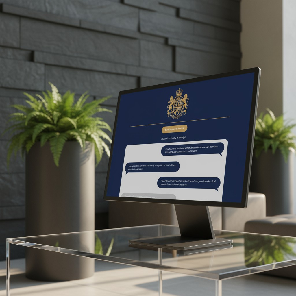 A computer monitor displaying three a speech bubbles with placeholder text, set against a glass table with a gray stone wa...
